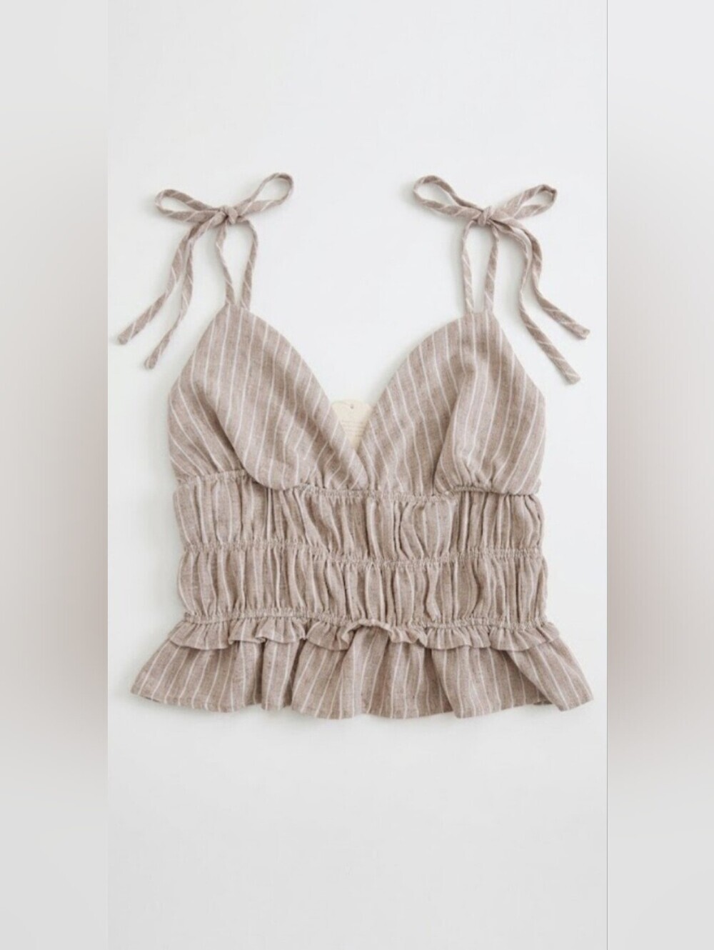 No Comment Smocked Tie Strap Ruffle Crop Tank Beige Stripe XL NWT